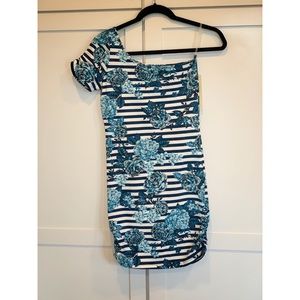Stripe Blue Floral One Shoulder Fitted Dress - New